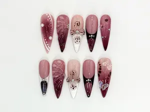 [Julina Beauty] Burgundy Floral 3D Press On Nails | Floral Design with Rhinestones| Floral Accents And Pearl Details | Stylish & Trendy Nail Design |JB660HK