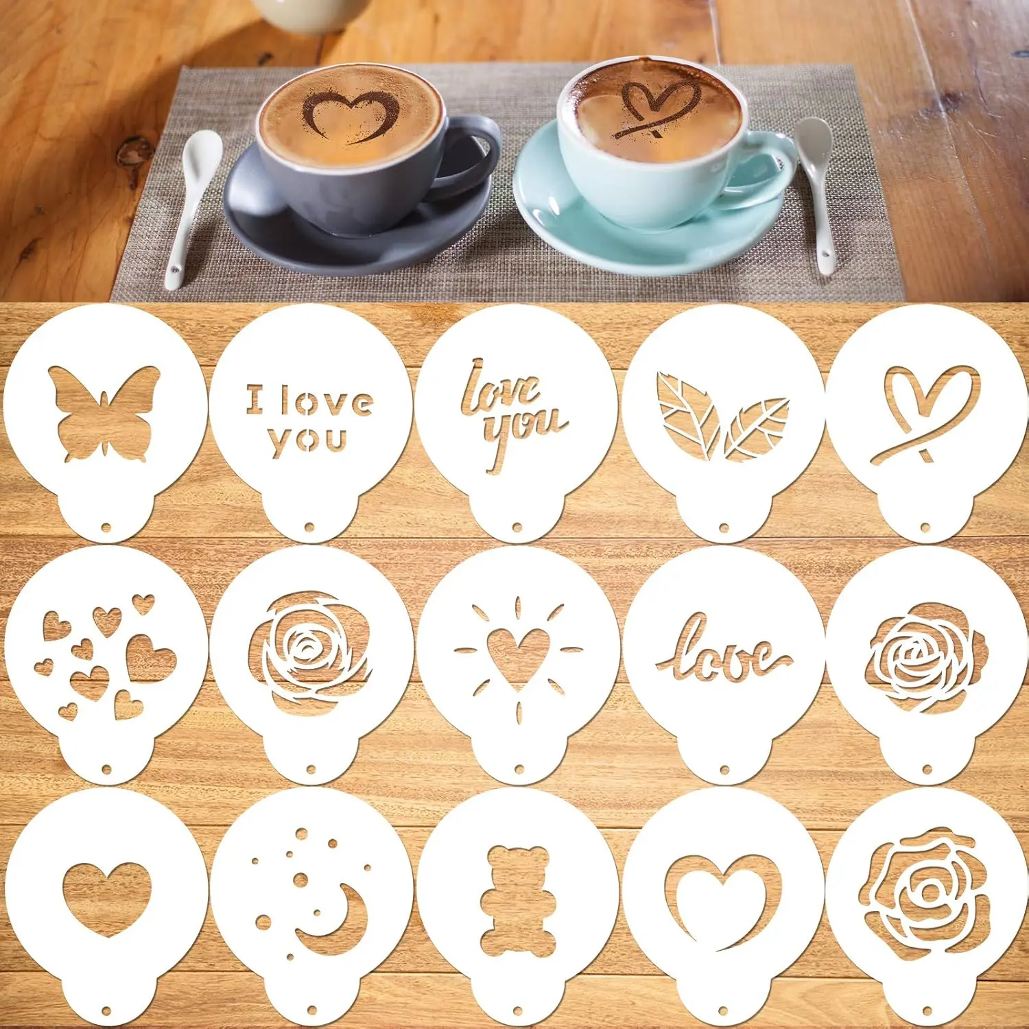 Coffee Stencil  15 Pieces Latte Art Stencils for Decorations Oatmeal Cupcake Cake Cappuccino Mousse Hot Chocolate Valentines Day