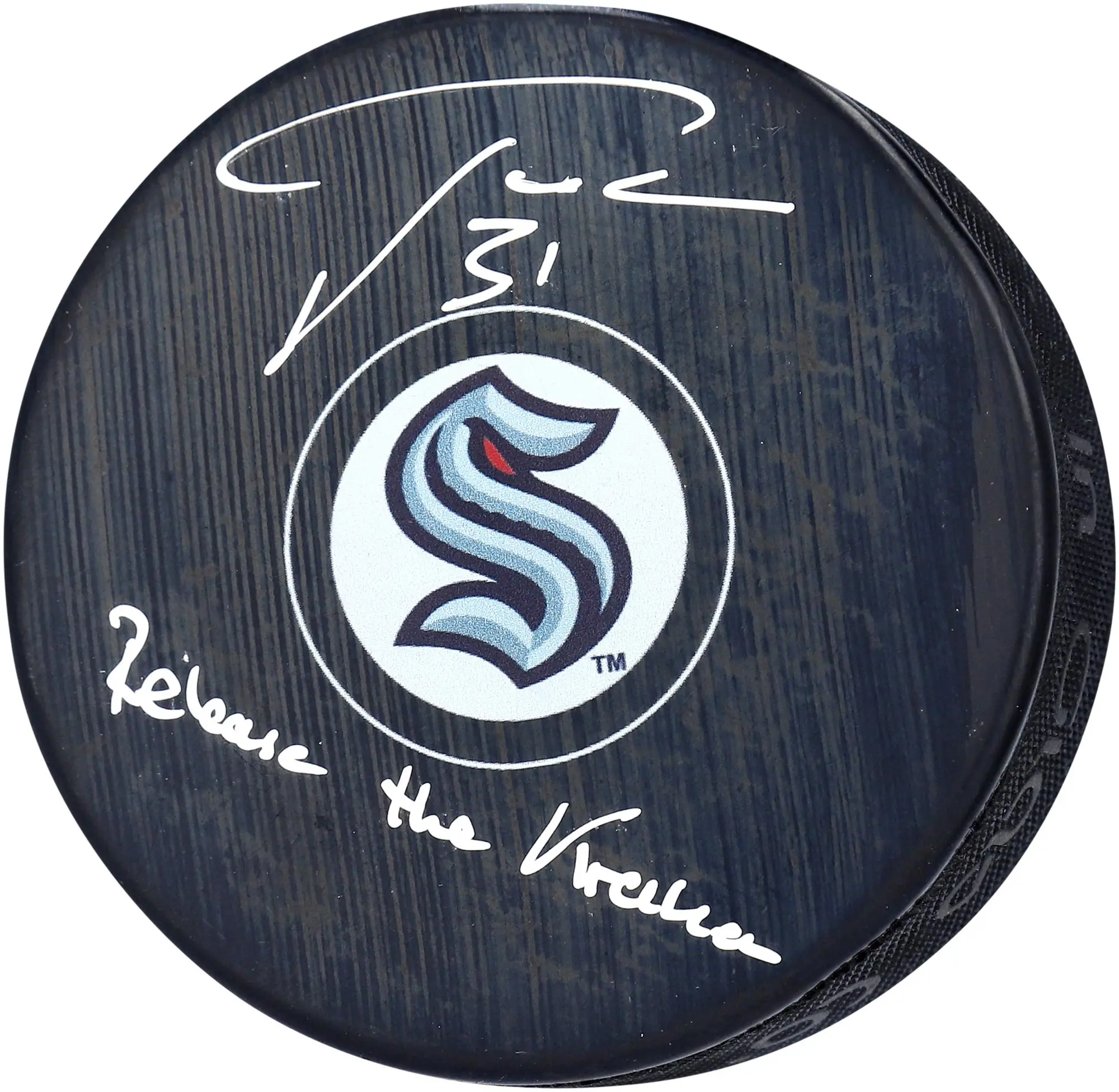 Philipp Grubauer Seattle Kraken Autographed Hockey Puck with "Release The Kraken" Inscription - Fanatics Authentic Certified
