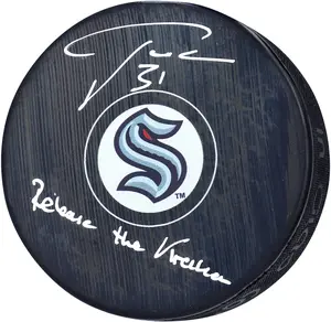Philipp Grubauer Seattle Kraken Autographed Hockey Puck with "Release The Kraken" Inscription - Fanatics Authentic Certified