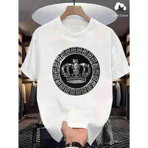 Men's Stylish Black & White T-Shirt with Decorative Crown Print — Vintage-Elegant, Luxurious Crown Motif | 2026 Men's Streetwear Trend