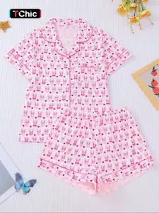 【Valentine's Day】Women's Sleepwear Pajama Set, Cute Rabbit Heart Pattern, Comfortable Shirt Collar Short Sleeve Top & Loose Elastic Shorts, Casual Home Wear