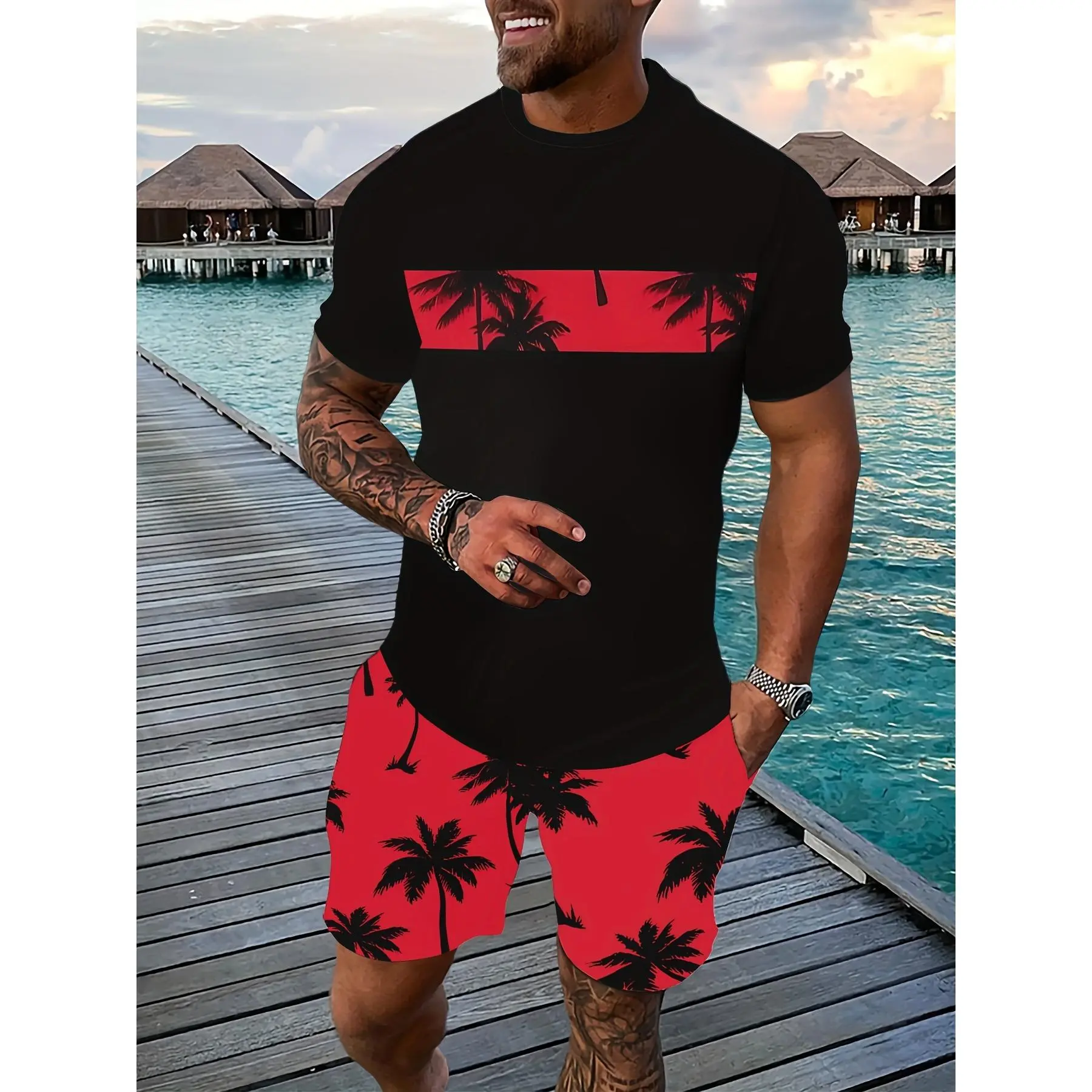 Men's 2-Piece Shorts Set, Casual Tropical Palm Tree Print Summer Tracksuit with Crew Neck Top, Relaxed Fit Stretch Knit Fabric, Shortsleeve, Round Neck, Tracksuit Set, Polyester Blend, Palm Print, Spandex, Menswear, Short Sleeves, Knitting, All Over Print