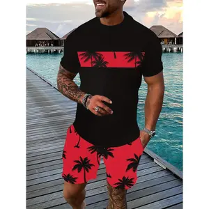 Men's Casual 3D Palm Tree Print Summer Tracksuit - Crew Neck Short-Sleeve T-Shirt & Shorts Set, Black & Red Tropical Design, Lightweight Polyester Blend, Machine Washable, Poolside Attire | Relaxed Fit Apparel | Comfortable Knit