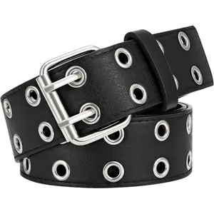 Double Grommet PU Leather Belt for Women Men Punk metal Jean Belt Wide 1.5 Inch
