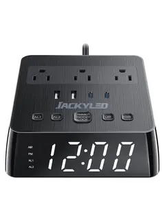 JACKYLED Alarm Clock with 2 USB-C  2 USB-A Chargers  3 Outlets  1700J Surge Protector  Dimmable LED Display with Dual Alarm  Snooze  Bedside Charging Station for Bedroom Dorm  Charge Compatible Decor Black
