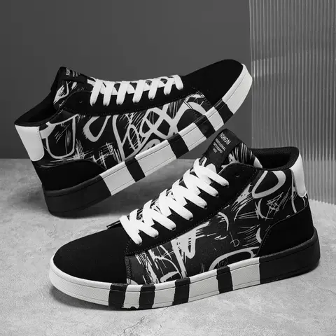 Men's Fashionable Colorblock Graffiti Print Lace Up High Top Sneakers, Casual Comfortable Athletic Sports Shoes for Daily Wear, Male All-match Round Toe Shoes for Daily Wear, Graphic Print Sneakers, HighTop Casual Sneaker