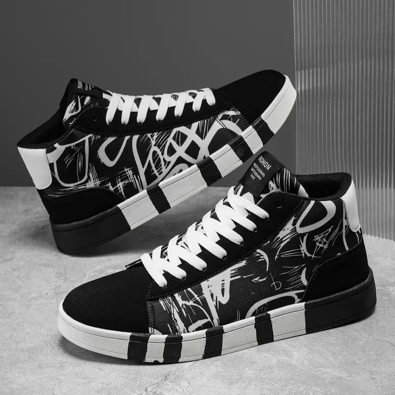 Men's Fashionable Colorblock Graffiti Print Lace Up High Top Sneakers, Casual Comfortable Athletic Sports Shoes for Daily Wear, Male All-match Round Toe Shoes for Daily Wear, Graphic Print Sneakers, HighTop Casual Sneaker