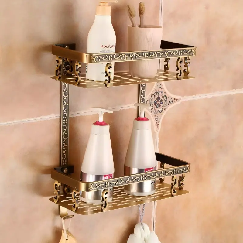 Wall Mounted Floating Shower Caddy, Bathroom Shelves Towel Rack, Aluminum Gold Corner Shelf, Bathroom Corner Rack Shelf, Carved Soap & Shampoo Holder