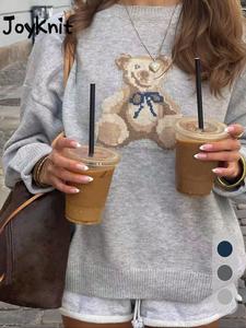 women's fashion new autumn winter sweater knit top casual simple versatile colorblock cute bear jacquard pattern loose round neck pullover
