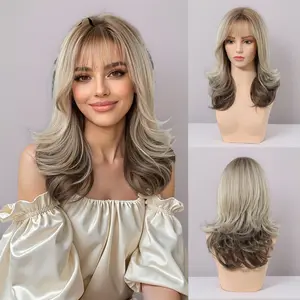 European and American style bangs with gradient layers, medium-long hair with linen golden-brown highlights, naturally voluminous women's full wig