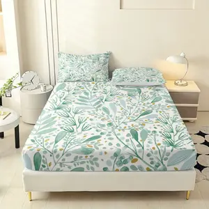 Three pieces with fresh green leaf floral patterns Print Bed Sheet Set with 1 Fitted Sheet and 2 Pillowcases, Ideal for Bedroom and Guest Room Decor, Breathable Durable Sheets