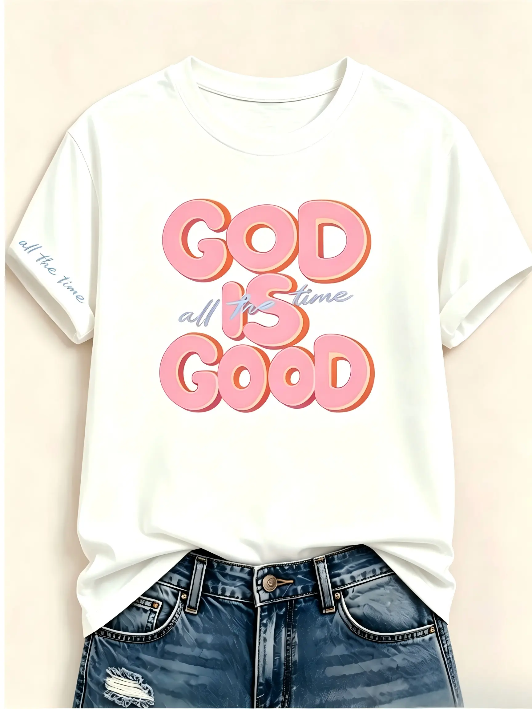 God Is Good All The Time Double Print Cotton Crewneck T-Shirt, Christian Faith Pastel Short Sleeve Top, Casual Religious Daily Outfit