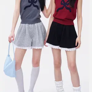 Embroidery Eyelet Lace Hem Shorts Elastic Waistband Lace Patchwork Shorts Y2K