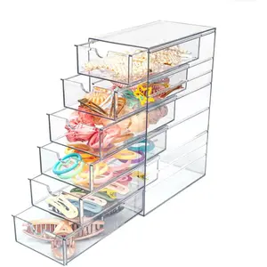 Clear Hair Accessories Organizer Box with 6 Layers,  Stackable Storage Drawers for Hair Ties, Claw Clips, Bow Holder for Girls,  Makeup Organizer, Bathroom or Desk Countertop Container
