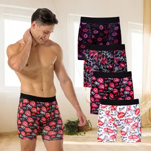PIXUM Men's Valentines Boxer Briefs 4 Pack - Colorful Lip Print Love Design - Soft Stretchy Romantic Underwear - Breathable Funny All Over Graphic Shorts with Elastic Waistband - Sexy Gift for Husband Boyfriend