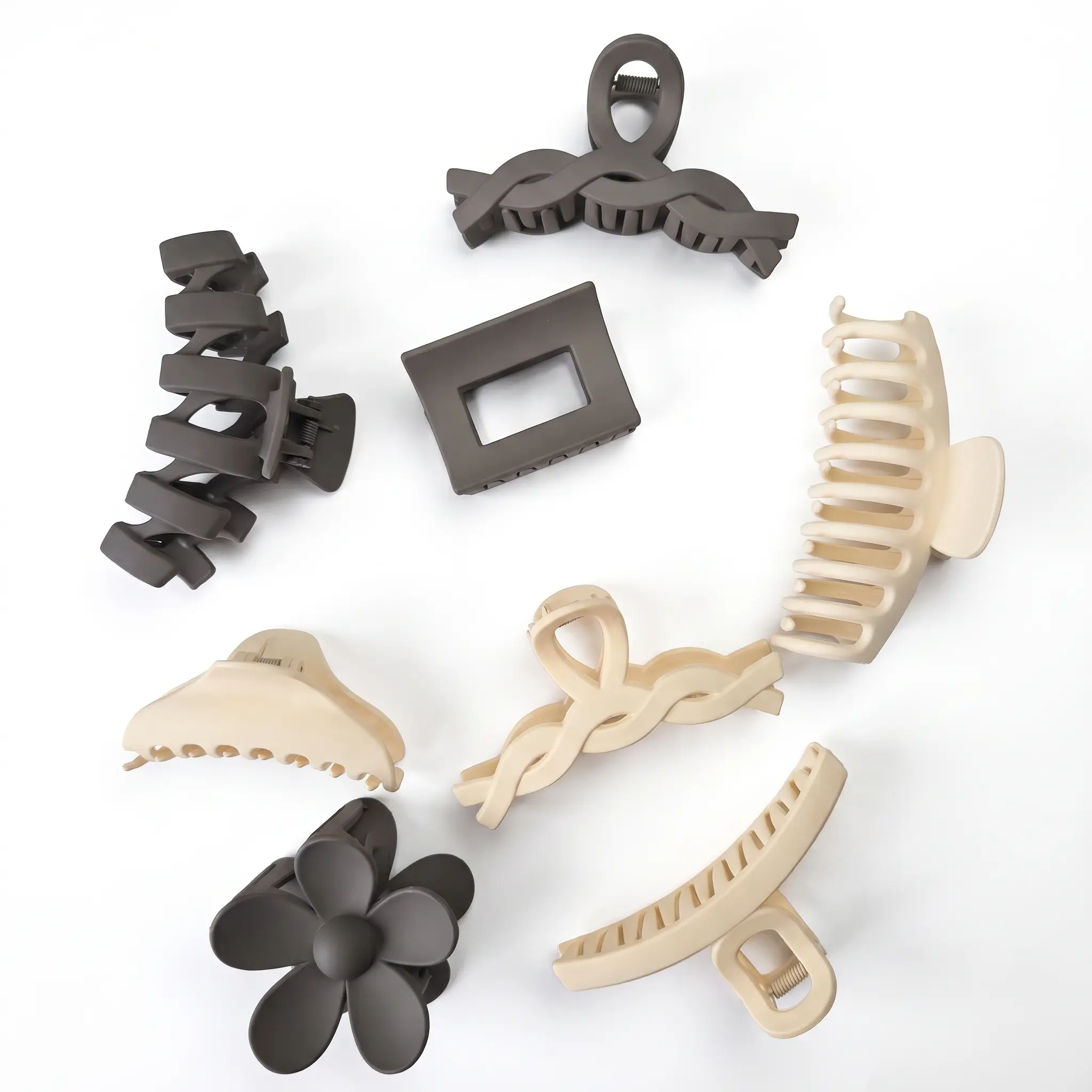 Women's 8-Pack Matte Acrylic Geometric Claw Hair Clips Set - Strong Spring, Non-Slip Jaw, Thick/Thin Fit, Neutral Brown Beige, Everyday Daily Wear Banana Circle Hair Accessories