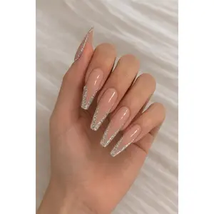 Nude Pink Silver Glitter French Tip Press On Nails Long Coffin