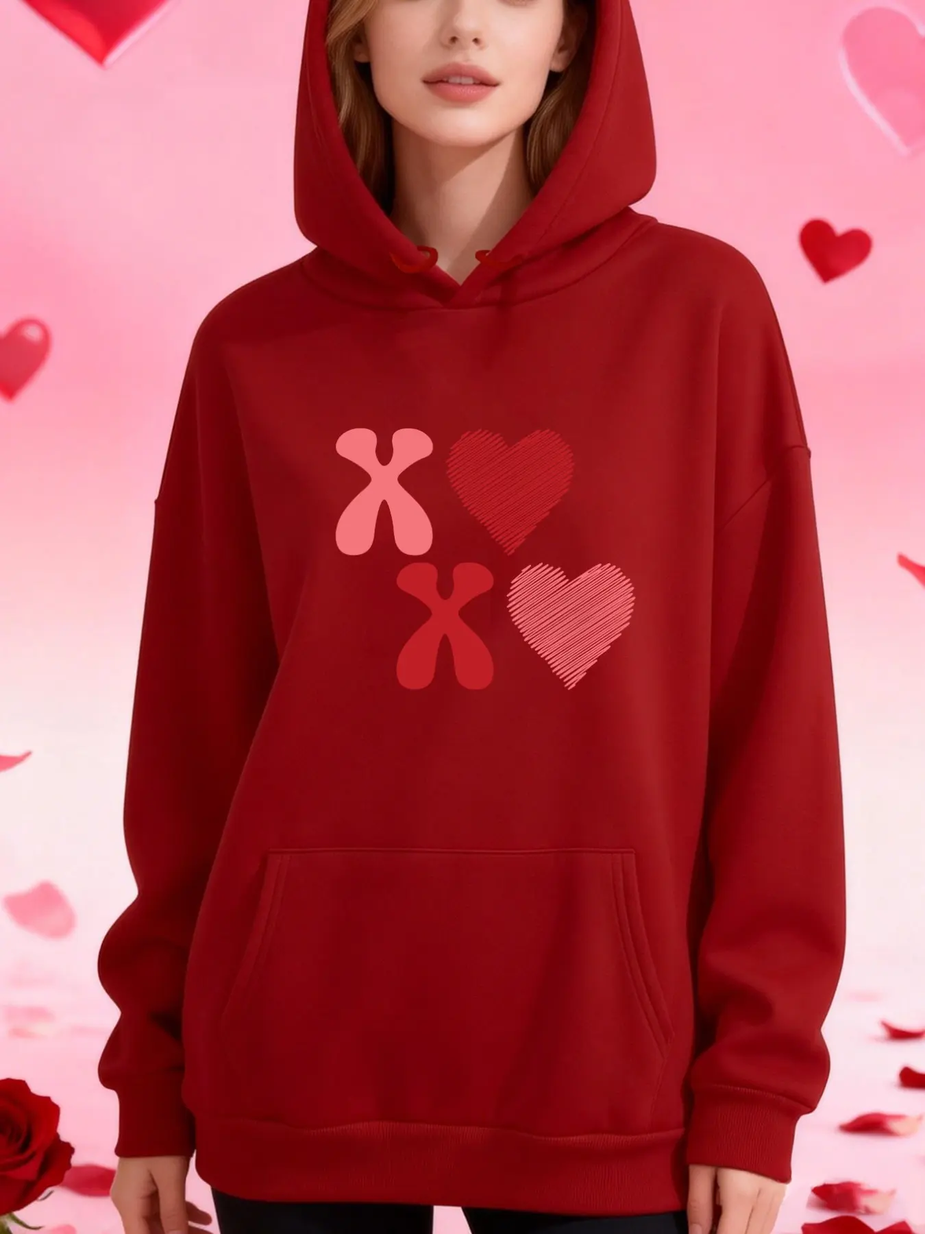 Valentine's Day Soft Texture Heart Drawstring Hoodie, Light Sweet Colorblock Print, Fitted Casual Style, Fall & Winter Fashion