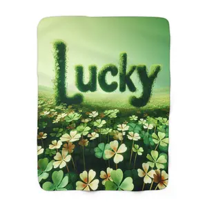Lucky Green Sherpa Fleece Blanket Gift For Her or For Him with Four Leaf Clovers Soft and Cozy Irish Theme Present St. Pattys Day