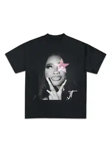 Jt Signature Style Pink No.1 Soft Lighting Star-shaped Women's Knitted Top Retro Fashion Casual Round-neck Short Sleeve T-Shirt Suitable for Daily Wearing Gift for Ladies and Gentlemen Black Round-neck Short Sleeve T-Shirt