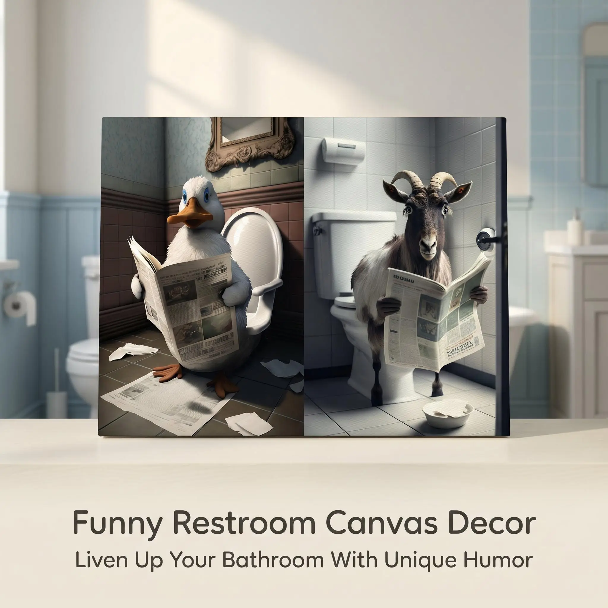 Funny Animal Toilet Canvas Wall Art Set - Artistic Minimalist Bathroom Decoration Prints, Humorous Animal Newspaper-Reading Artwork, Ideal Home Decor Gift
