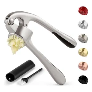 Kitchen Garlic Press Set - Rust Proof & Dishwasher Safe Professional Garlic Mincer Tool - Easy-Squeeze, Easy-Clean with Soft, Ergonomic Handle - Silicone Garlic Peeler & Brush (Silver)