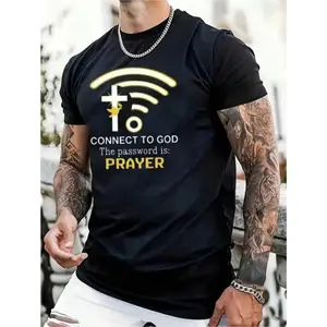 Connect To God Password Design Men's T-Shirt - 100% Cotton. Comfortable Short Sleeve For Casual Attire. Gym &amp;   Jogging. Black With WiFi &amp;   Cross Graphic. Casual Round Neck Tee graphic tees men crop tops summer outfits for men summer tops T-Shirt