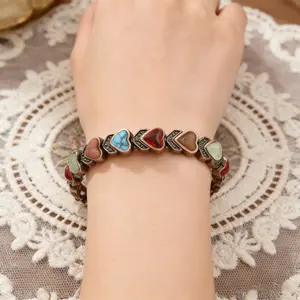 Pure Copper Magnetic Bracelet for Women, Vintage Heart-Shaped Multi-Gemstone Link Bracelet, Boho Retro Healing Crystal Jewelry, Adjustable Trendy Stackable Bangle, Perfect Daily Wear & Gift for Her