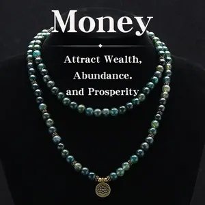8mm Green Moss Agate Gemstone Healing Crystal Stone 108 Mala Beads Necklace Long Beaded Wrap Money Attraction Bracelets Genuine Gemstone Mala Prayer Beads Lotus Buddha Charm Yoga Meditation Necklace Ideal Gift Jewelry  Lotus Pendant  Long Chain