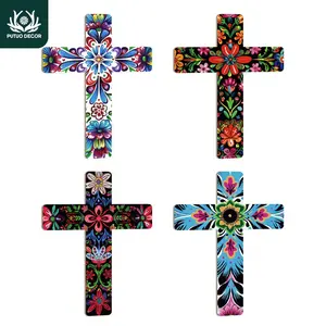 Mexican Style Religious Crucifix, 1 Count Wooden Wall Art Decor, Wall Mounted Cross Decoration for Home Farmhouse Church Living Room Restaurant Snack Bar