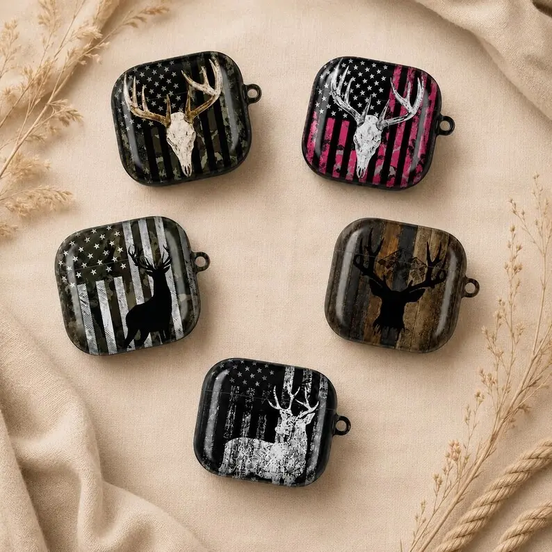 American Flag Deer Hunting Case Cover Compatible with AirPods Pro 2 1 3, AirPods 4 3 2 1 - Buck Skull Camo & Wood Grain Country Aesthetic Protective Case (2D Flat Printed)