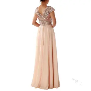Sleeveless Dress V-neck Sequins Elegant Chiffon Stitching Evening Dress Formal Womenswear