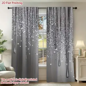 2D Flat Design Silver Color Sequin Drop Half-Opaque Curtains, 2-Piece Set with Rod Pocket, Modern Fashion Window Decor for Living Room, Home Decoration Curtain