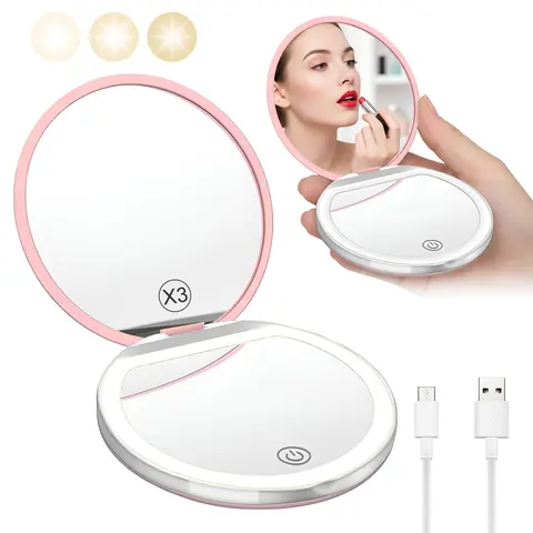 CENPIN Glam Handheld Mini Compact Makeup Mirror with Lights - 1 Count, 1X/3X Magnification, Foldable, USB Rechargeable, Pocket-Size Convenient Travel Hand Mirror, Illuminated Face Compact
