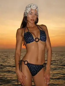 Women's Polka Dot Bikini Set Two-Piece Halter Backless Tie Vest + Triangle Panty, Holiday Style Slim Fit Crop Top