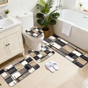3/4pcs Bathroom Non-Slip Mat Set, Brown-Gray-Black Geometric Squares, Home Decor Water-Absorbing Mat for Shower Door, Soft Thick Quick-Drying Carpet for Home Use, Bathroom Laundry Additions Foot Mat, Entrance Mat for Bedroom