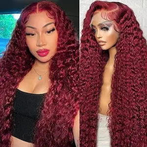 Gurxen 99J Burgundy 100% Human Hair Wig - Pre Plucked 13x6 HD Lace Frontal 180 Density Deep Wave with Baby Hair Natural Looking for Beginners Perfect for Daily Party Styling