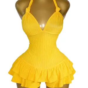 Women's Formal Yellow Strapless Polyester Knitted Solid Fabric Bodysuit, Pleated Waist, Double-Layer Skirt Hem Tops