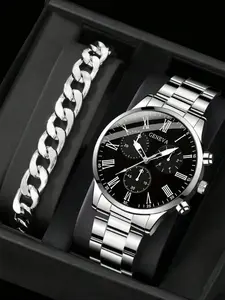 Men's Round  Quartz Watch & Bracelet Set, Fashion Watch Set for Party, Daily Clothing Decor, Trendy All-match & Exquisite Watch Set for Gift, Business Fashion Watches