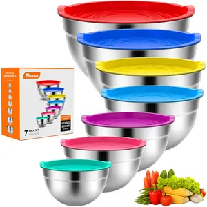 TINANA Mixing Bowls with Lids: 7 Pack Stainless Steel Mixing Bowls Set, Metal Nesting Mixing Bowls for Kitchen, 7/4.5/3.0/2.0/1.5/1.0/0.7QT, Great for Prep, Baking, Serving, Multicolor