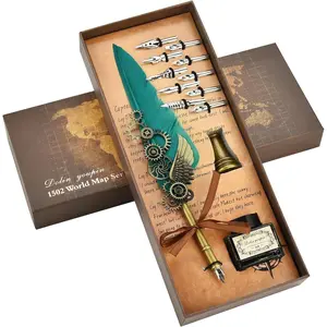 Calligraphy Pens - Feather Quill Pen and Ink Writing Set with Black Ink 10 Replaceable Nibs Gift Set (Green)