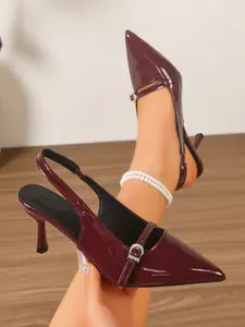 Women's Burgundy Patent Leather Pointed Toe Slingback Mary Jane Heels, Vintage Elegant-Chic Style, Office Wedding Sandals.Mary Jane Pointed Toe Shoes.Vintage Elegant Shoes.