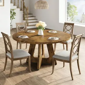 47-Inch Round Large  , Wooden Kitchen  For 4, Farmhouse Dinner  With Wooden Top And Legs For Home  Room Or Living Room Mirrored Console Table Inlay Marble Dining Mobile Standing Desk Wheels