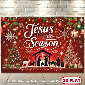 1pc 2D Flat Christmas Nativity Backdrop, Christmas Nativity Scene Backdrop - Is the Reason for the Season, Red & Green Holiday Decorations With Mary, Joseph, Shepherds - Polyester Fabric Banner