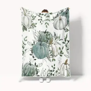 1PC Vibrant Autumn Bohemian Pumpkin Throw Blanket - Soft, Cozy, and Rustic Flannel Teal Blanket for Bed Sofa - Seasonal All-Season Flannel Knit Throw with Digital Print, 100% Polyester, Multipurpose, and Perfect for Adults and Pets-280GSM