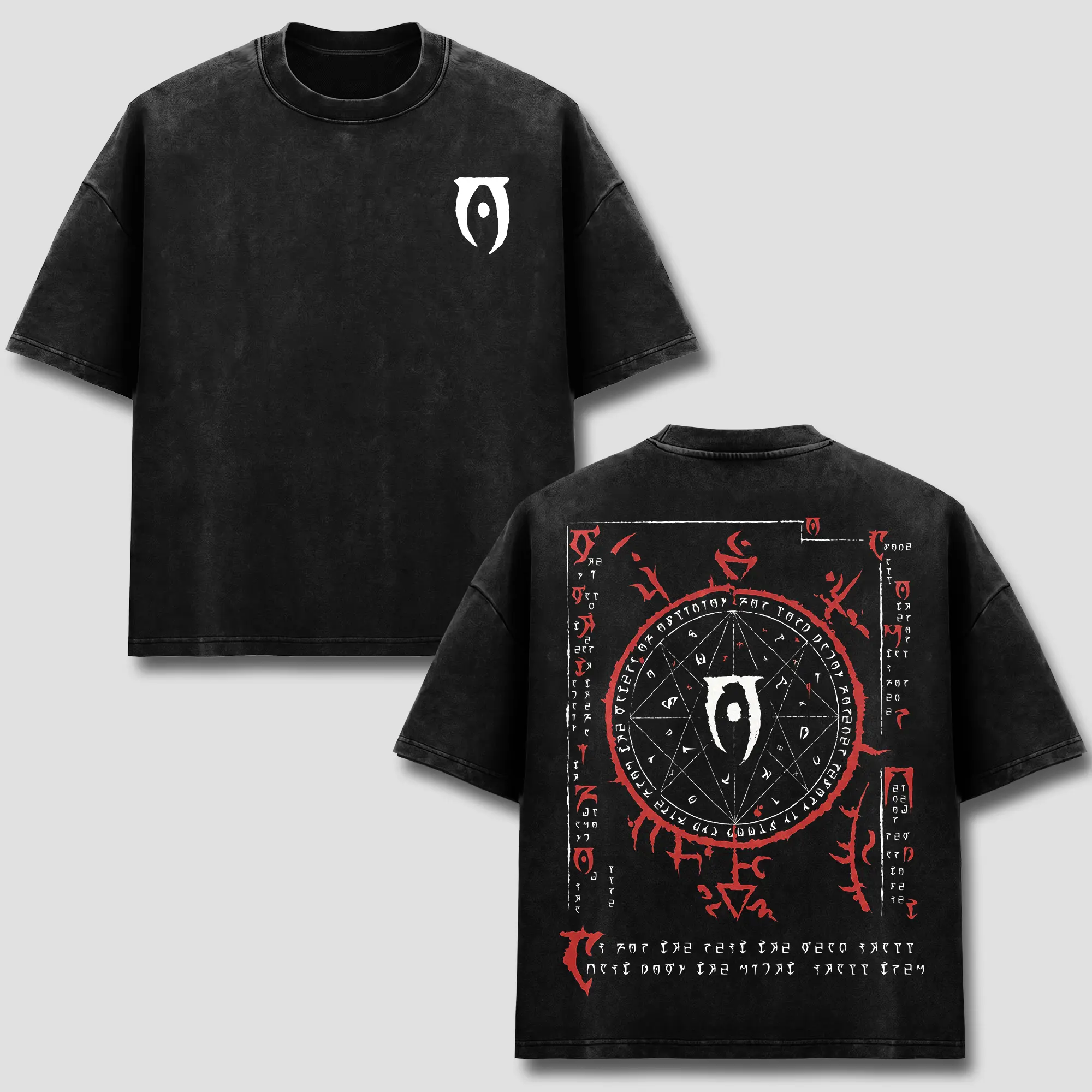 Elder Scrolls Oblivion T-Shirt, Daedric Runes Magic Circle Graphic Tee, Oblivion Gate Oht Emblem Front Chest Back Print, Vintage Black Wash Heavyweight Cotton, Oversized Drop Shoulder Streetwear, Retro RPG Gaming Fan Apparel