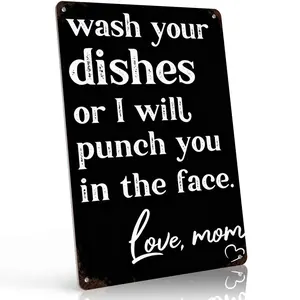 "Wash Your Dishes or I Will Punch You in the Face - Love, Mom" 8x12 Inch Aluminum Metal Sign - Funny Kitchen Wall Decor for Home, Apartment, Dorm Room, and Family Spaces - Retro Vintage Tin Poster with Sarcastic Mom Quote