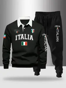 Men's Italia Letter Print Half Button Hoodie + Casual Drawstring Pants Set, Spring & Fall Fitted Outdoor Sweatshirt Long Pant 2 Piece