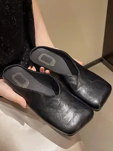 Summer New Square Toe Mules, Soft Sole Slip-On Lazy Shoes, Silver Color High-End Outdoor Closed-Toe Half Slippers, Fashionable PU Leather